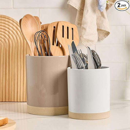 famiware Milkyway Kitchen Utensil Holder for Countertop, Ceramic Cooking Utensil Crocks for Kitchen Counter, Utensil Organizer for Spatula & Spoon, Set of 2, Cinnamon Brown and White