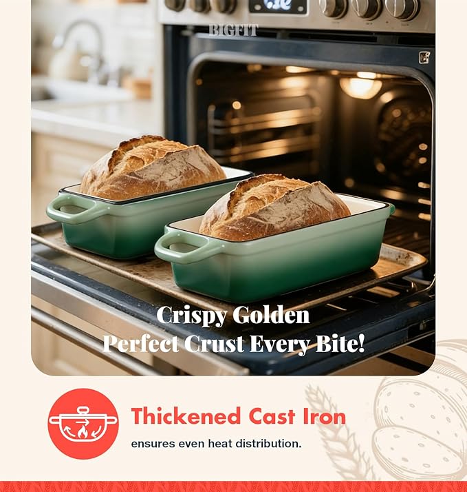 2 IN 1 Cast Iron Bread Loaf Pan with Lid, 3.4QT 9x5 Inch Dutch Oven for Bread Baking, Even Heating Bread Oven, Enameled Bread Pan for Homemade Sourdough Bread Baking & Versatile Cooking, Green