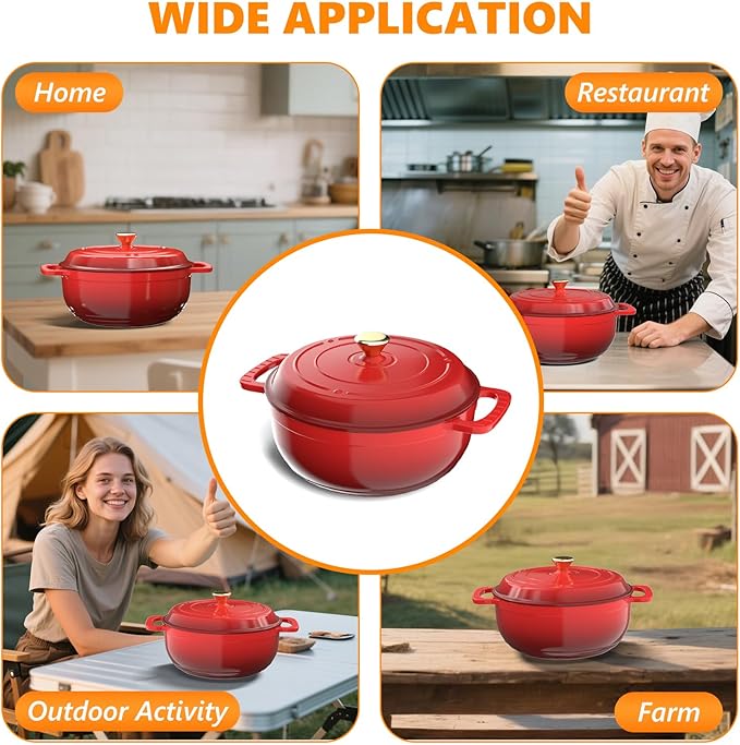 Bonnlo 6QT Round Dutch Oven, Enameled Cast Iron Dutch Oven Pot with Lid & Dual Handles, Oven Safe Up to 500° F, for Sourdough, Bread Baking, Stews and Roasting (Red)