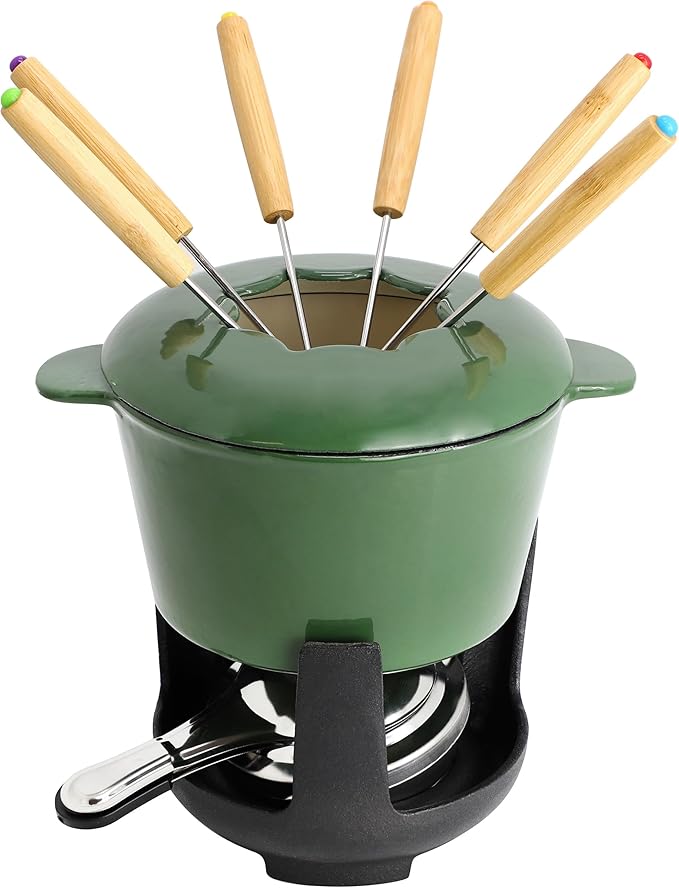 MegaChef Enameled Cast Iron Fondue Pot Set with 6 Serving Forks – Perfect for Chocolate, Cheese, and Snack Fondue, Vibrant Green Cookware