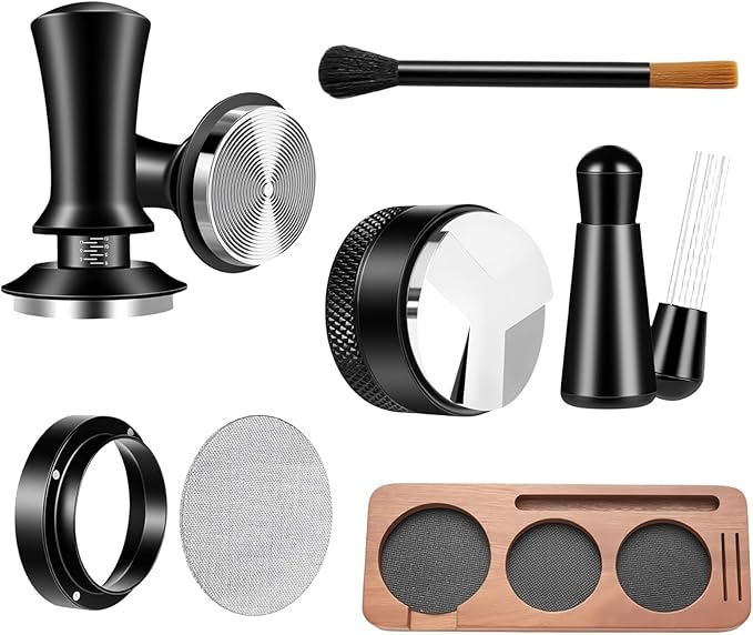 7 Pcs 54mm Espresso Tamper Tools Accessories Kit for Coffee WDT Tool Accessories Set Coffee Tamper Set with Wood Espresso Tamping Station Distributor Dosing Funnel Stirrer Brush Puck Screen -54mm