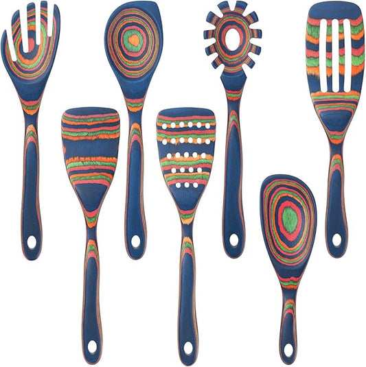7 Pcs Wood Cooking Utensils Set, Wooden Kitchen Utensil Set for Cooking, Wooden Cooking Spoons & Spatulas, Safe for Non-Stick Cookware