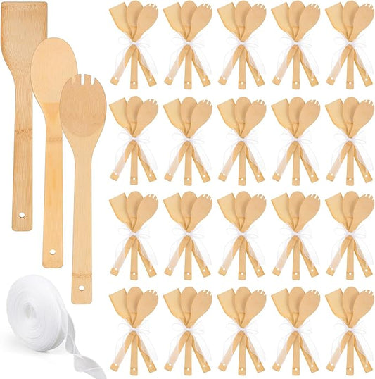 72 Pcs Bamboo Spatula Wooden Kitchen Utensil Bulk 12''wood Spoon Spatula for Cooking with Ribbon Bridal Baby Shower Game Prize Wedding Party Favors Housewarming Gift (Various Style)