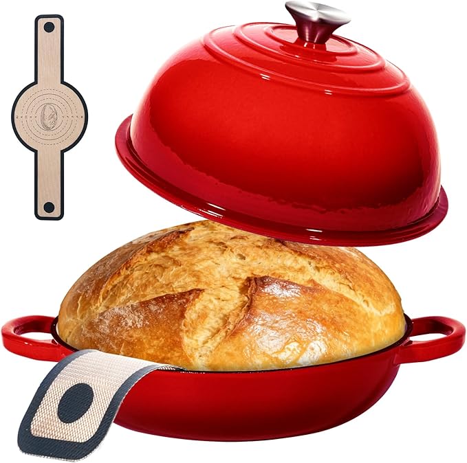 ONKO Dutch Oven For Sourdough Bread Baking, 6QT Enameled Cast Iron Dutch Oven Pot With Lid, Non-stick Sourdough Baking Pan with Bread Dome, Round Ceramic Dutch Ovens Pot with Cloche for Homemade