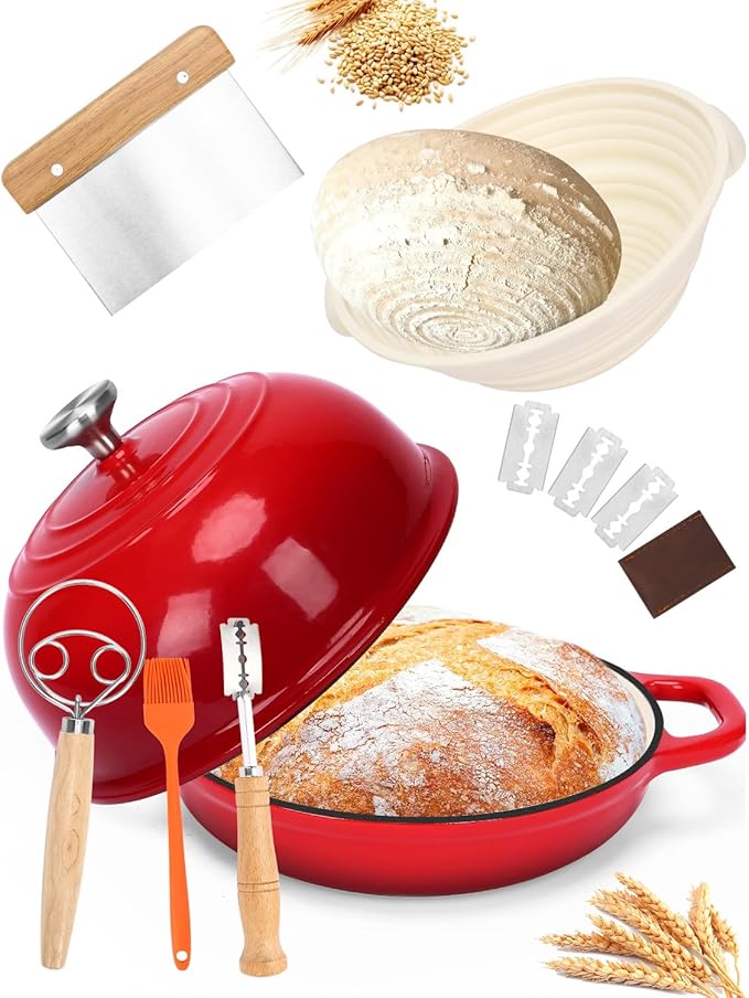 QuliMetal Dutch Oven Bread Baking- 5QT Enamel cast iron Oven with Sourdough Bread-Baking Supplies like Bread Proofing Basket, Scoring Lame, Dough Whisk for Sour dough, Bread-making Red