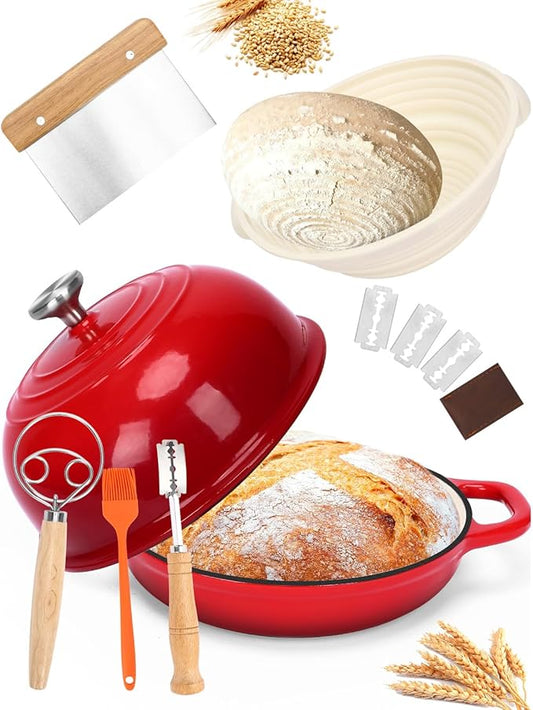 QuliMetal Dutch Oven Bread Baking- 5QT Enamel cast iron Oven with Sourdough Bread-Baking Supplies like Bread Proofing Basket, Scoring Lame, Dough Whisk for Sour dough, Bread-making Red