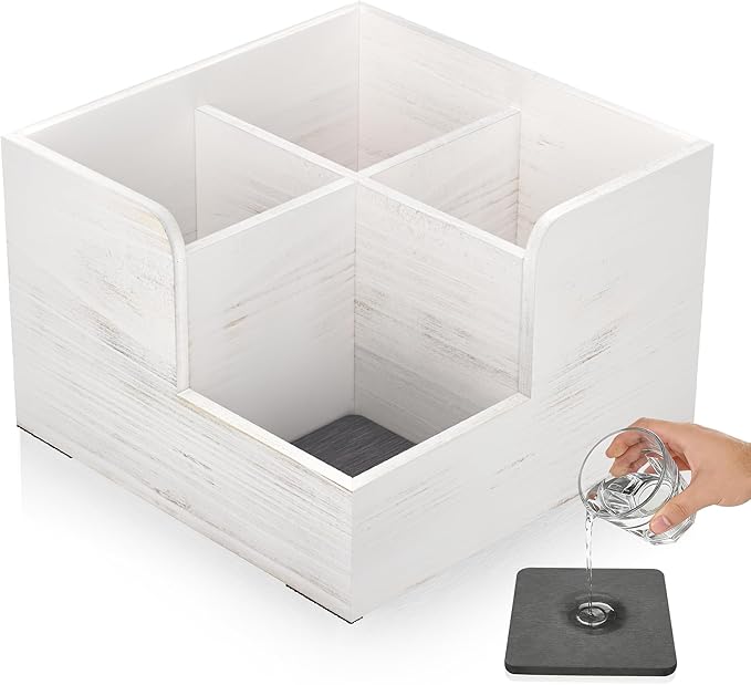 Yofidra Kitchen Utensil Holder with Stone Drying Mats, 4 Compartments Corner Utensil Holder for Kitchen Countertop, Extra Large Silverware Organizer (White)