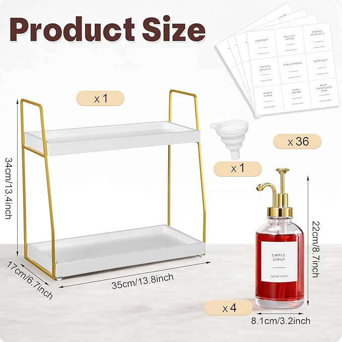 Leinuosen Coffee Bar Accessories, 2 Tier Wooden Cup Organizer Station and 4 Coffee Syrup Dispenser, 16.9 oz 500ml Glass Syrup Dispenser with 36 Labels and 1 Silicone Funnel