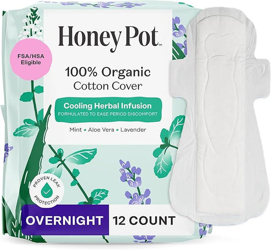 The Honey Pot Company - Herbal Pads for Women - Overnight w/Wings - Infused w/Essential Oils for Cooling Effect & Organic Cotton Cover - Feminine Care - 12 ct