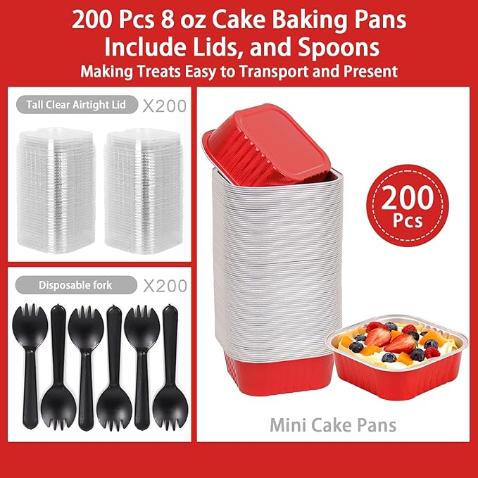 200 Pack 8 oz Red Square Mini Cake Pans with Lids, Aluminum Foil Square Brownie Baking Cups for Ramekins Muffin Cupcake Wedding Birthday Party