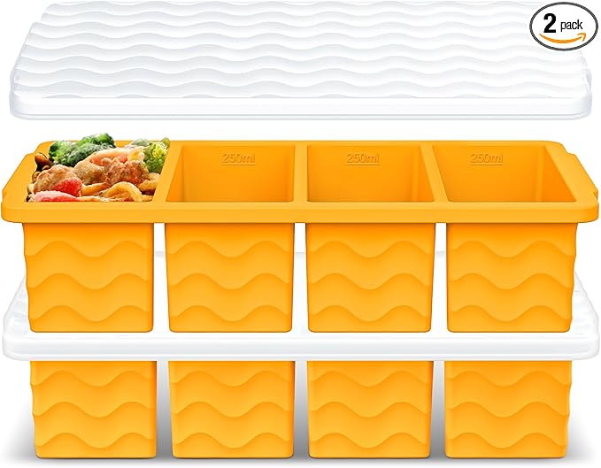 Silicone Freezer Tray for Soup with Lid – 1-Cup Soup Container Cube Style Ice Cube Trays for Freezer, Meal Prep & Food Storage, Freeze 250mL/125mL Portions – 2 Pack