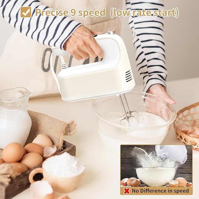 9-Speed Digital Hand Mixer Electric, 400W Powerful DC Motor, Hand Mixer Electric Handheld with Snap-On Storage Case, 5 Stainless Steel Accessories, Beaters, Dough Hooks, Whisk(Cream White)