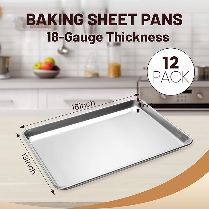 12 Pack Half Size Baking Sheet Pan Aluminum Commercial Pan for Oven Freezer Bakery Hotel Restaurant 18" × 13"
