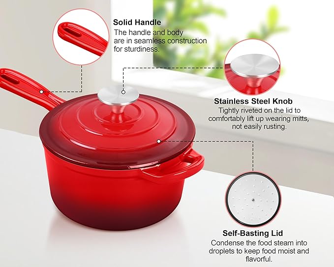 TeamFar 2QT Enameled Cast Iron Sauce Pan, Small Sauce Pot with Lid, Mini Dutch Oven Saucepan for Cooking/Simmering/Baking/Boiling, Sturdy & Nonstick, Oven Safe & Fit for Induction-Red