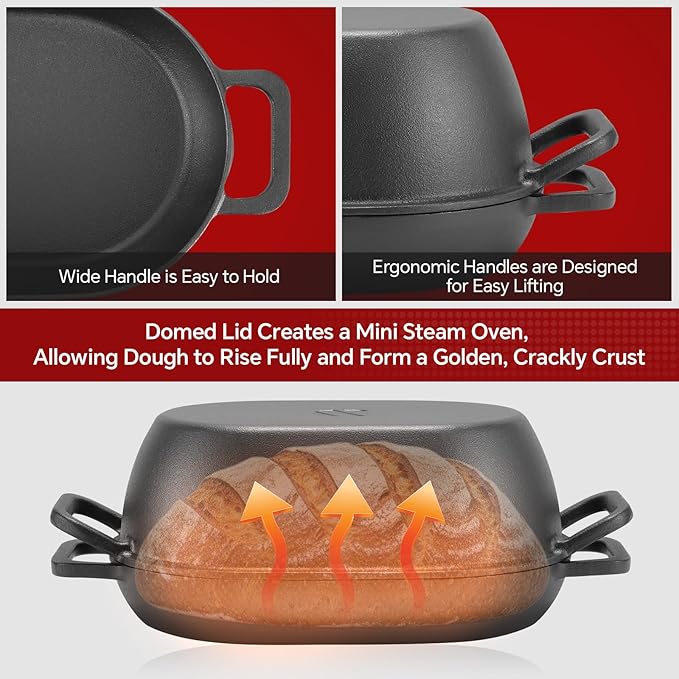 12"x8" Oval Cast Iron Dutch Oven for Bread Baking，Pre-Seasoned Combo Cooker with Lid, Perfect for Sourdough, Artisan Loaves & Family Meals,5 Qt