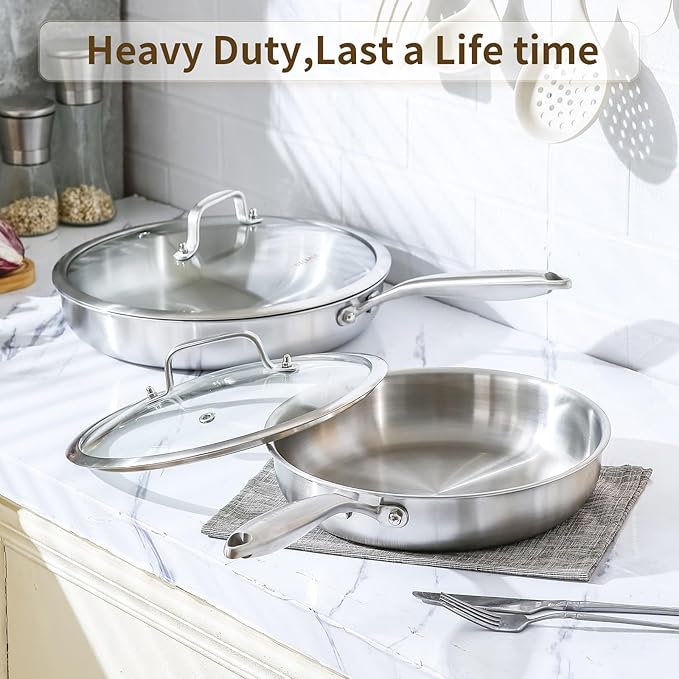 DELARLO Kitchen Whole Body Tri-Ply Stainless Steel Frying Pan, 12 inch,Stainless Steel, Oven safe induction skillet, Pots and Pans set,Suitable for All Stove