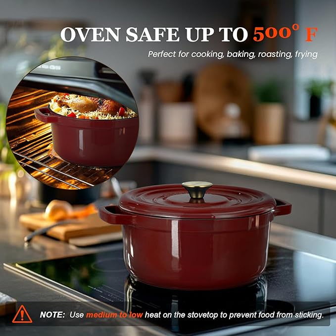 Overmont Enameled Cast Iron Dutch Oven - 5QT Pot with Lid Cookbook & Cotton Potholders - Heavy-Duty Cookware for Braising, Stews, Roasting, Bread Baking burgundy