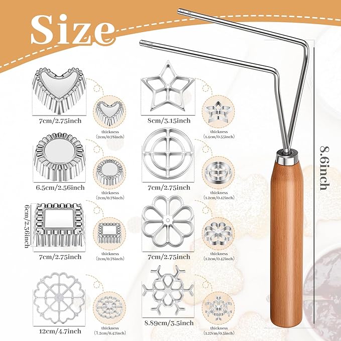 Zhehao 9 Piece Rosette Iron Mold Set with Double Headed Handle Bunuelos Molds with 8 Interchangeable Heads Timbale Cookie Mold Tool for Waffles Cakes Biscuits for Baking Cooking Kitchen