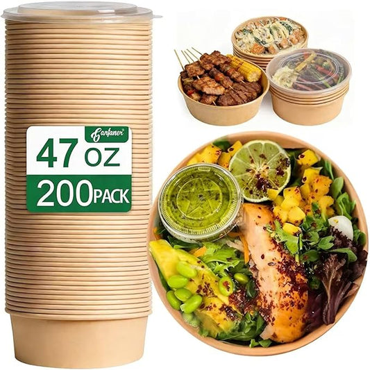47 Oz Bulk Pack Disposable meal prep Round Paper Bowls with Lids,200 Sets Leakproof Microwave-Safe Deli Containers, Bulk Pack for Salad, Soup, Pho,Acai & Picnic, Sturdy for Food Toppings