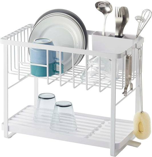 YAMAZAKI Home Tower Two-Tier Adjustable Dish Drainer Rack, Compact Drying Rack with Hooks, Utensils Holder - Steel -