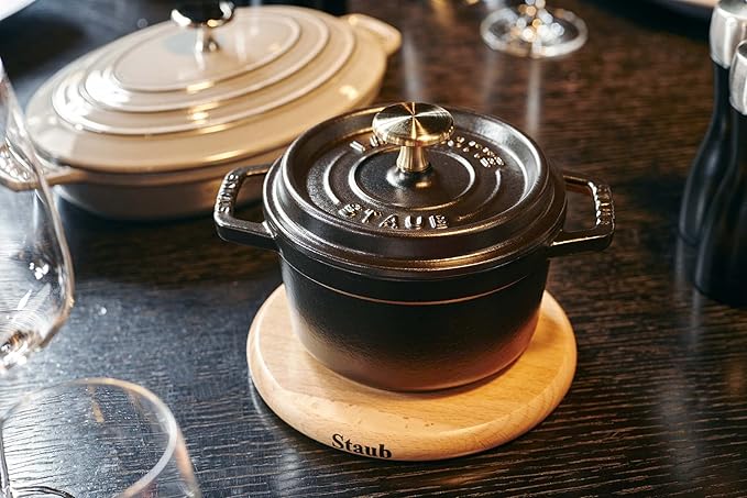 STAUB Cast Iron Dutch Oven 1.25-qt Round Cocotte, Made in France, Serves 1, Matte Black
