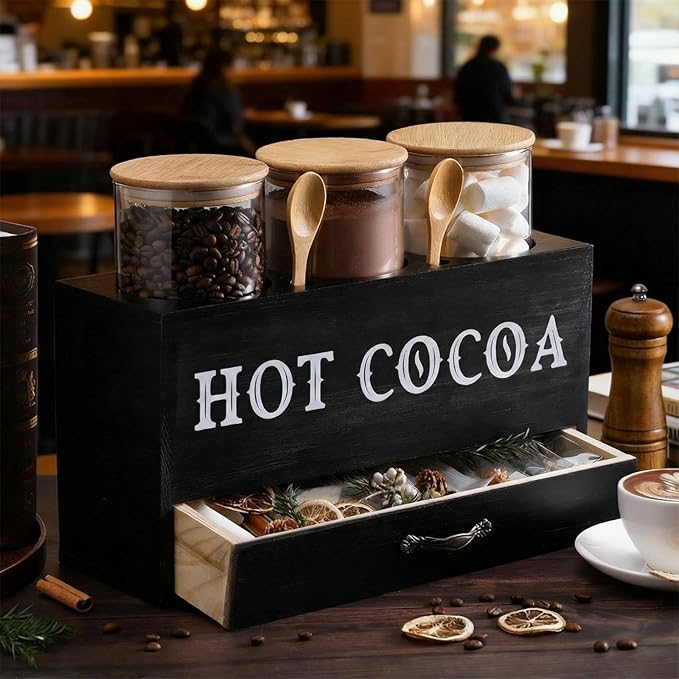 LemonRoad 3 Pcs Hot Cocoa Bar Accessories Wooden Hot Chocolate Bar Organizer with Glass Jar and Spoon Coffee Sugar Container Set Cocoa Container Box with Drawer for Kitchen Winter Pantry Storage