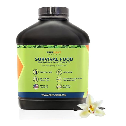 Prep-Right Survival - Survival Food Tabs, MRE for Camping, Hiking, and Prepper Supplies, Long Term Food Storage, Gluten Free and Non GMO, 15 Year Storage Shelf Life, 180 Count, Vanilla
