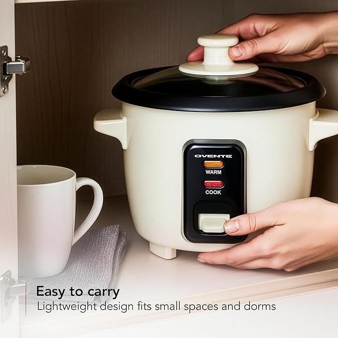 OVENTE Electric Rice Cooker 4-Cups (Cooked) with Removable Nonstick Pot, Keep Warm Function, Cooks Grain, Oatmeal and Makes Soups, Stews or Hot Cereals, Includes Measuring Cup and Spatula, Cream RC04C