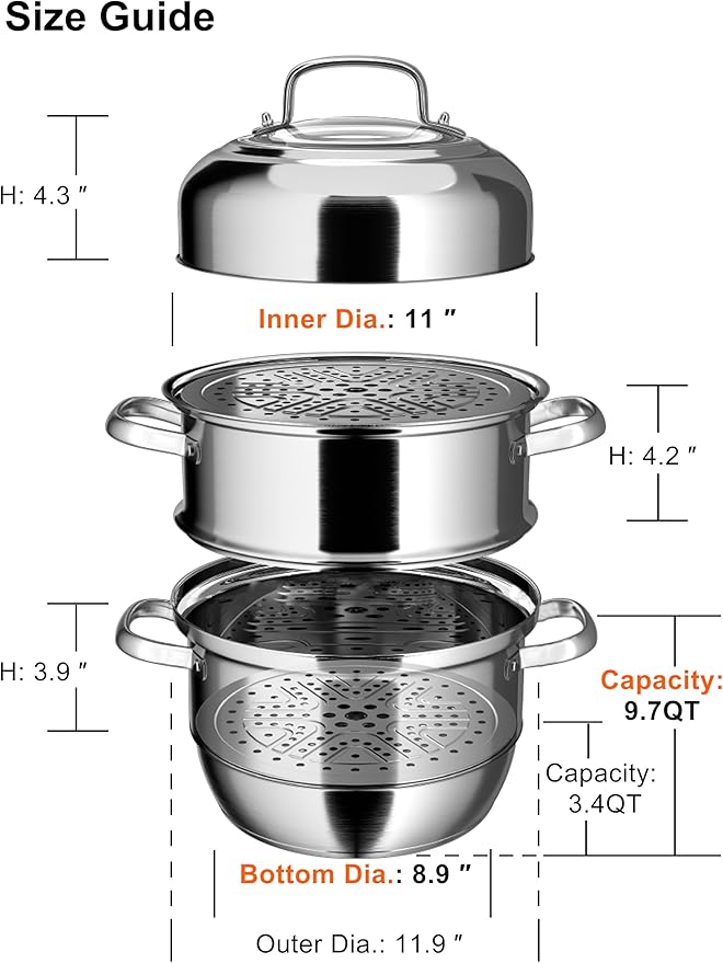 VENTION 3 tier Steamer Pot Stainless Steel Large 30cm, Induction Steamer for Cooking, 11.9 Inch Steam Pot for Dumpling
