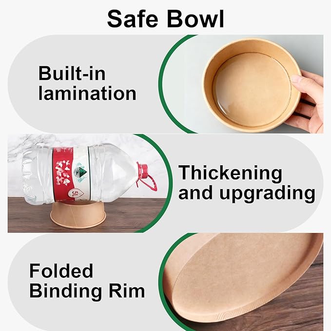 Disposable Round Paper Bowls with Lid 30 oz,50 Sets Microwave Deli Containers Leakproof Acai Bowls, Salad Bowl with Lid for Lunch, Disposable bowls with lids for Soup Toppings Snack Camping Family