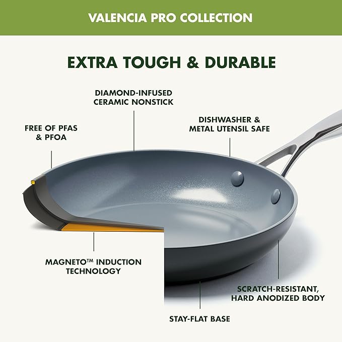 GreenPan Valencia Pro Ceramic Nonstick 11” Frying Pan Skillet, Hard Anodized PFAS-Free Cookware, Induction Ready, Compatible on All Cooktops, Eggs & Omelets, Dishwasher Safe, Oven Safe to 600F, Gray