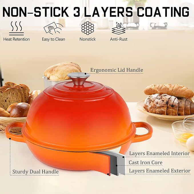 Enameled Cast Iron Bread Oven, Dutch Oven Pot with Lid, 10" Bread Dutch Oven for Sourdough Bread Baking, 6 Quarts Bread Pan with Dome Lid, Non-stick Cookware for Homemade Bread, Orange