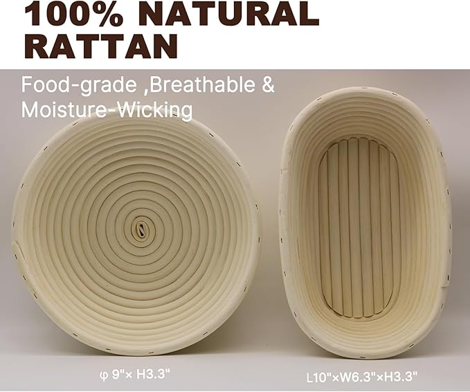 Round & Oval Rattan Banneton Basket Gift Kit with Accessories - Sourdough Bread Proofing Supplies (9" & 10", Liners, Scrapers, Lame) Natural for Home Bakers