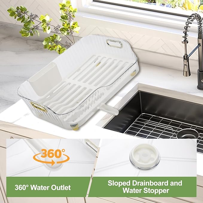 Dish Drying Rack, Plastic Dish Rack, Large Capacity Dish Drainer Rack, Space Saving Plate Drying Rack, Clear Kitchen Draining Rack for Chopsticks Bowl Plate Spoon (White)