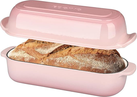 Enameled Cast Iron Loaf Pan with Lid, Bread pan, Dutch Oven Bread pan for Homemade Sourdough Bread Baking, 12.5x5.5 inch, 5qt, Pink