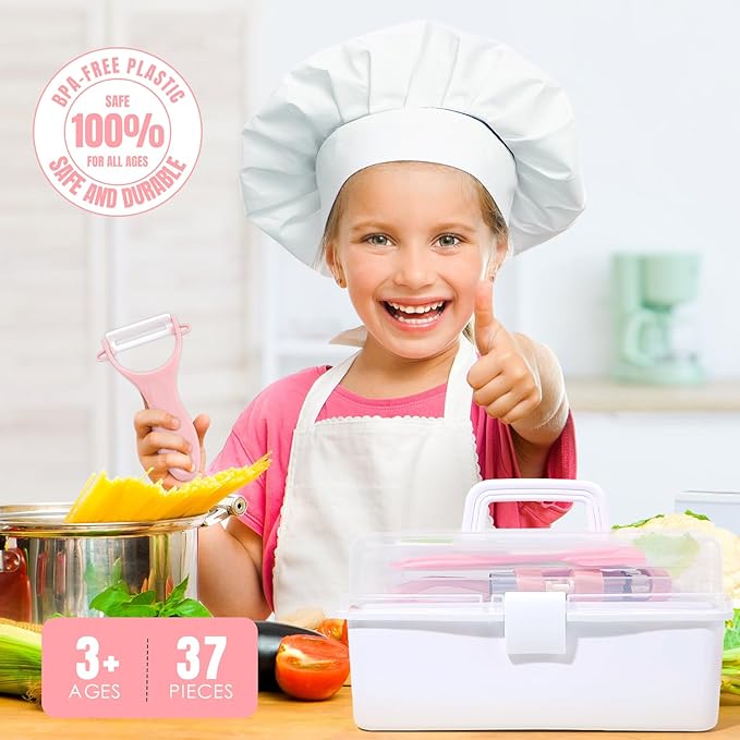 37PCS Kids Cooking Sets Real, Kids Cooking and Baking Gift Set with Storage Case Timer Kid Safe Knives Cutting Board, Toddler Real Kitchen Tools, Birthday Gifts for Girls Boys Age 3 - 8
