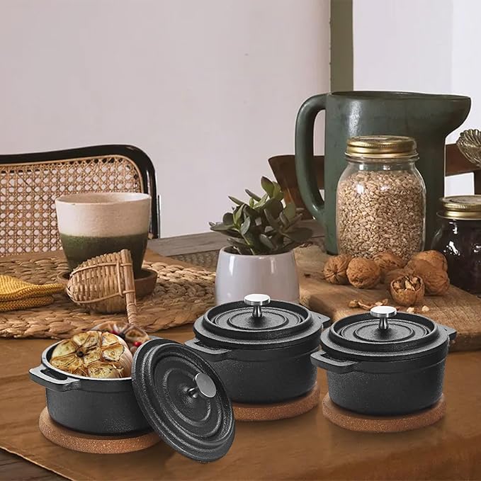 3 Pcs Mini Cast Iron Dutch Oven Set – 8 oz Garlic Roaster Cocotte Pots with Lids, Handles and Cork Pan Mats Small Cast Iron Pots for Baking, Roasting, BBQ Grill, Stovetop and Oven Use