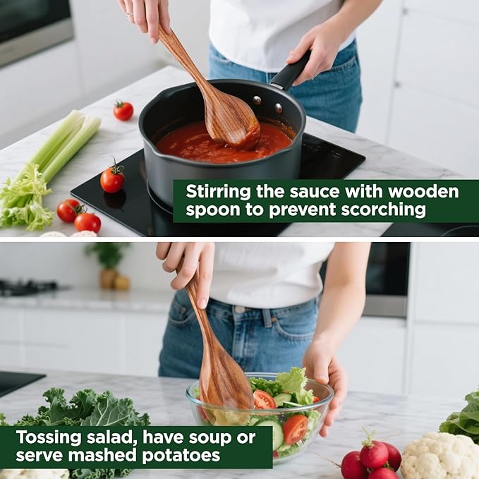 ANBUY Wooden Spoons for Cooking, 6Pcs Kitchen Utensils Set, Heat Resistant Flat Spatulas and Spoons Set for Nonstick Cookware, Smooth Finish, Comfortable Grip(6 Pcs)