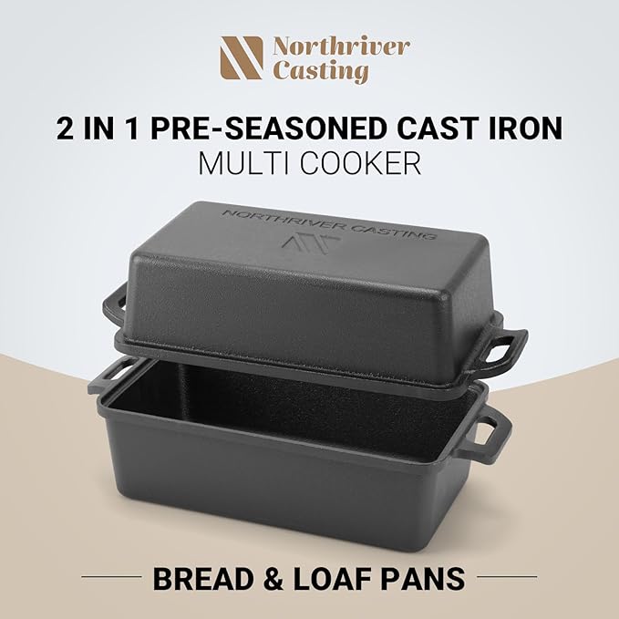 9×5 Inch Cast Iron Loaf Pan with Lid | Bread Baking Pan | Even Heat Distribution for Homemade Bread, Cake, and Meatloaf | 2 Piece Set