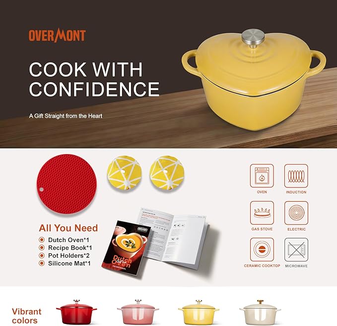 Overmont Enameled Cast Iron Dutch Oven - Heart-Shaped Pot with Lid Cookbook & Cotton Pot Holders - Mini Cookware Oven Safe to 500°F for Bread Baking Soups Stews - Great Gift for Wedding Birthday Housewarming 2QT Yellow