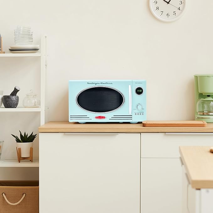 Nostalgia Retro Countertop Microwave Oven - 800-Watt - 0.9 cu ft - 12 Pre-Programmed Cooking Settings - Digital Clock - Kitchen Appliances - Aqua