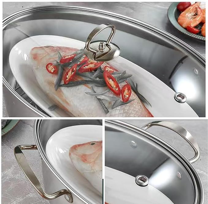 Stainless Steel Fish Steamer Set Large Steamer Pot for Steaming Fish, Boiling Soup Multi-Use Oval Cookware with Glass Lid, Rack, Pan, Chuck