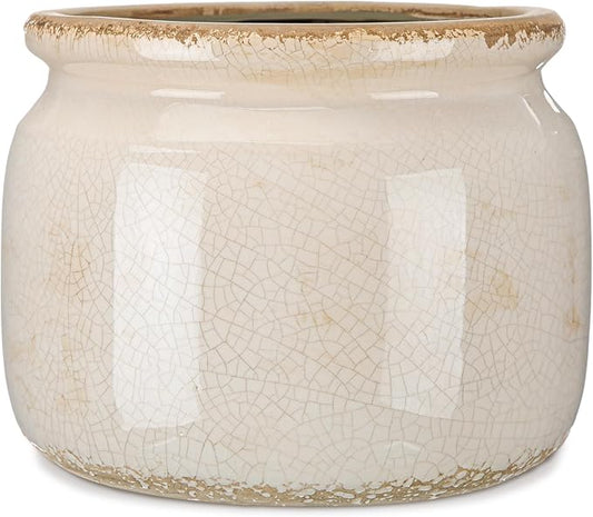 7.7″ Large Vintage Ceramic Plant Pot Pure Beige Rustic Planter with Ice Crackle Glaze & Drainage Hole for Indoor Outdoor Plants Farmhouse Home Kitchen Office Decor Gift for Women Teacher