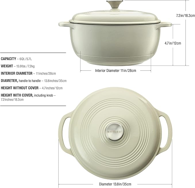Mercer Culinary Enameled Cast Iron Round Dutch Oven, 6 qt., White