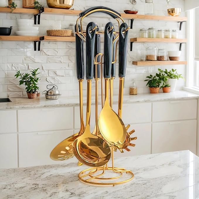 Novellus Stainless Steel Gold Kitchen Utensils Set with Holder, 7pcs Kitchen Accessories for Cooking, Household Utensils Includes Soup Ladle, Spatulas, Slotted Spoon, Pasta Spoon, Black & Gold