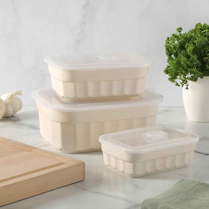 Martha Stewart Broadbrook 6 Piece Stoneware Meal Prep Container Set with Lids, Rectangular Food Storage & Bakeware, Cream, Oven, Microwave & Dishwasher Safe