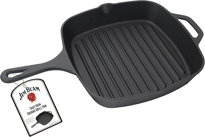 Jim Beam , Pre Seasoned Cast Iron Square Skillet with Ridges, 16", Black