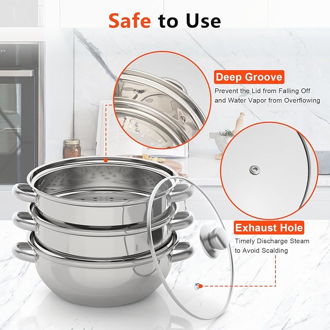 3-Tier Steam Pot, 12.8in Stainless Steel Steamer, Steamer Cookware with Lid, Food Steam Pots with Handles for Vegetables, Seafood, Dumpling