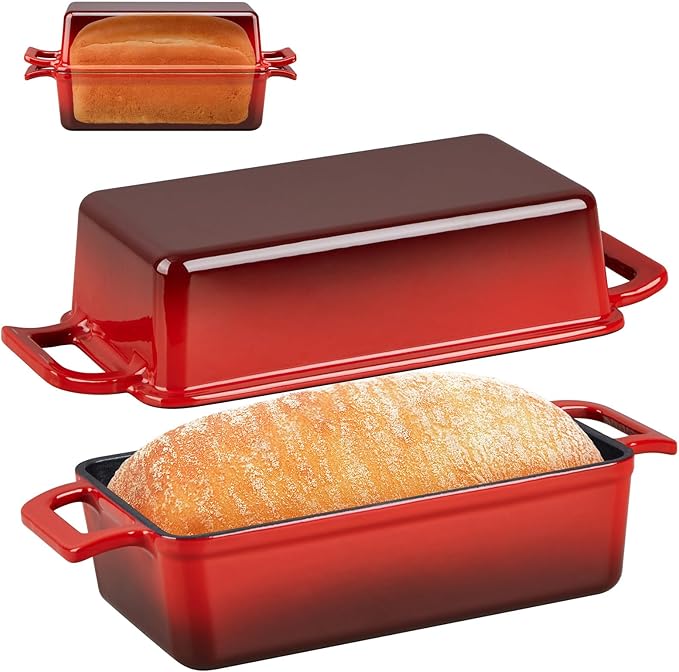 P&P CHEF 2-In-1 9 x 5 Inch Cast Iron Loaf Pan with Lid (Red), Bread Loaf Pans for Baking Homemade Sourdough Bread, Meatloaf, Toast, Cake, Nonstick & Healthy & Sturdy, 2 Piece Set