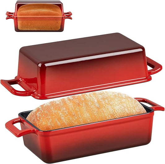 P&P CHEF 2-In-1 9 x 5 Inch Cast Iron Loaf Pan with Lid (Red), Bread Loaf Pans for Baking Homemade Sourdough Bread, Meatloaf, Toast, Cake, Nonstick & Healthy & Sturdy, 2 Piece Set